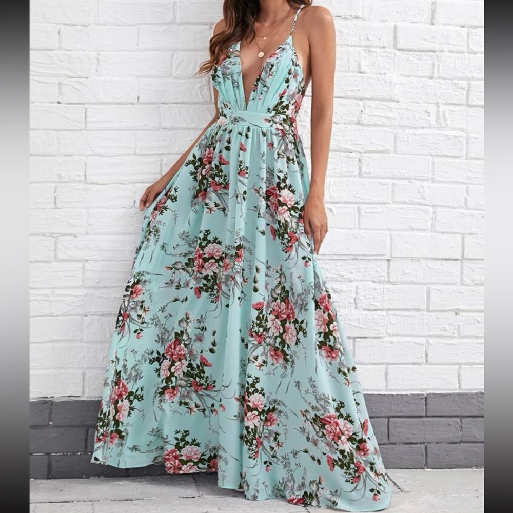 Boho Criss Cross Backless Open Back Floral Print Long Maxi Dress